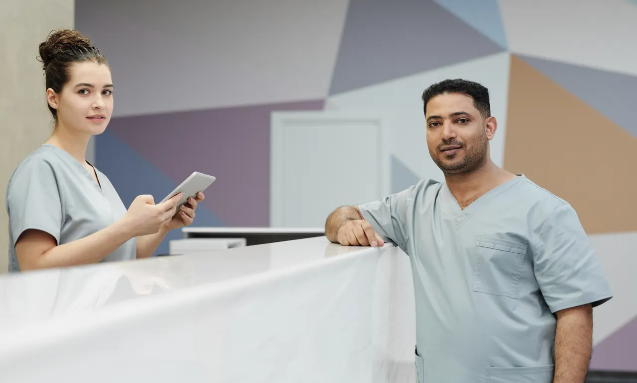 Medical staff at the reception area of a modern clinic