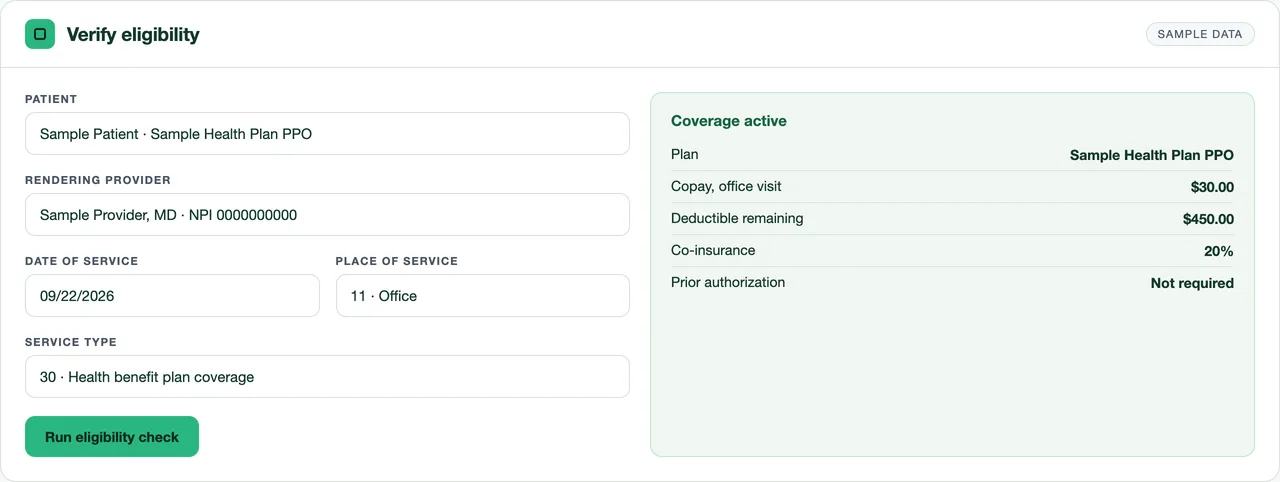 Verify eligibility form with sample patient, provider, date of service and the coverage result